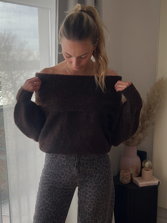 Brown off-shoulder knit